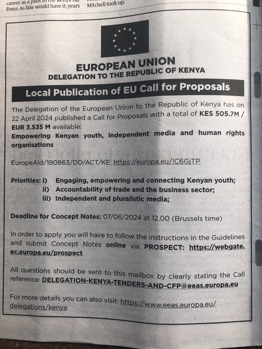 A great opportunity not to be missed: We just published a call for civil society with a total value of 3.5 million Euros to empower youth, independent media and human rights. Deadline for applications: 7 June. For more info: website of the European Union Delegation Kenya.