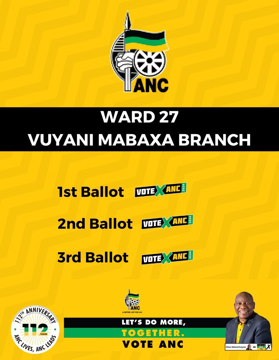 🌟 34 DAYS TO GO🌟 

1st Ballot: #VoteANC ❎
2nd Ballot: #VoteANC ❎
3rd Ballot: #VoteANC ❎

@ANCJHB @GautengANC @MYANC @NtandoKhoza13 @Milikitati @Mahlaku_mokgadi @sneidjer365 @Stan_Itsh @khanyi1509

#ANCLivesANCLeads #ANC24 #VoteANC #ANCAtWork  #LetsDoMoreTogether ⚫🟢🟡