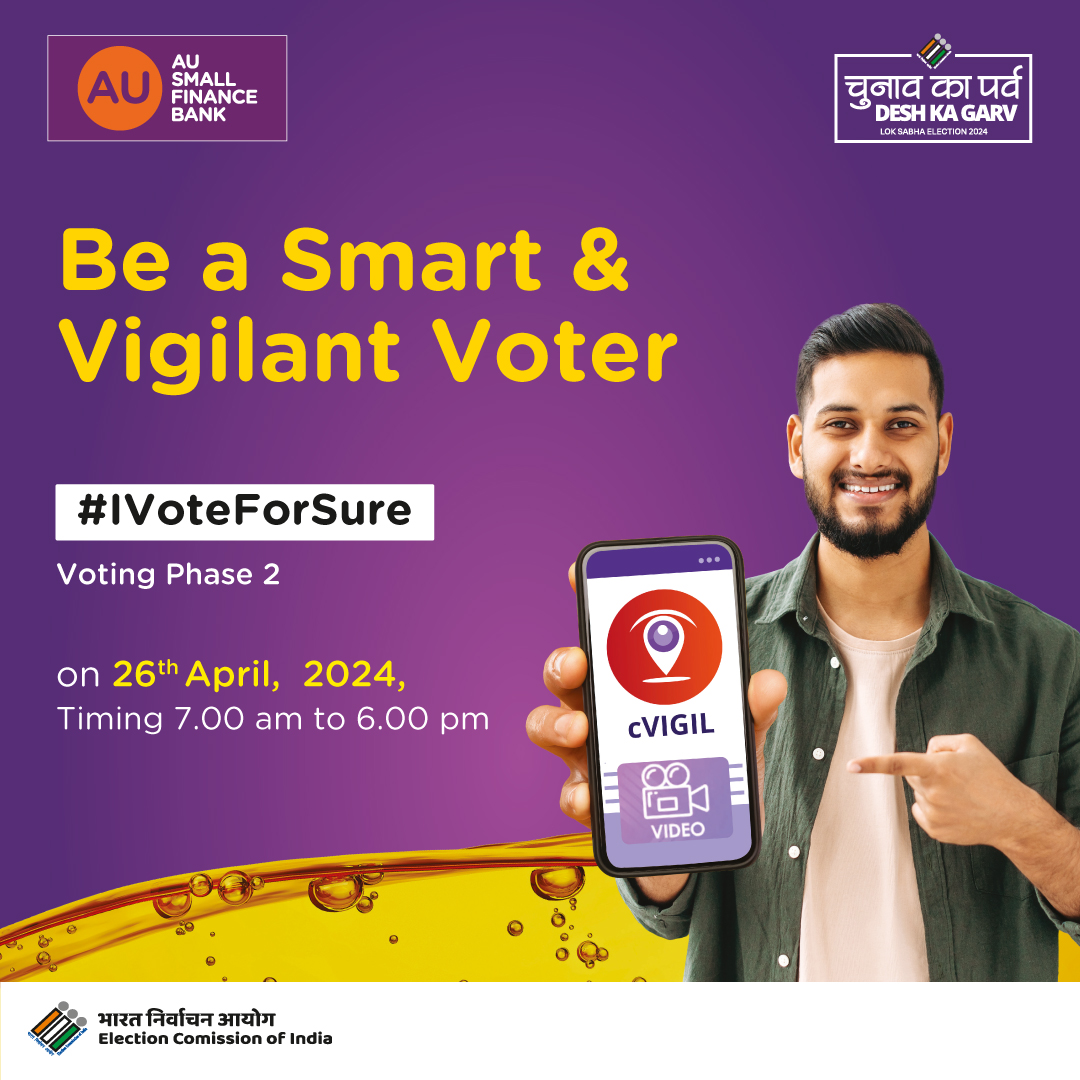 Empower democracy and cast your vote wisely. Voting Phase 2 - 26 Apr '24 | 7.00 am to 6.00 pm Download the Voter Helpline App to know more. #IVoteForSure #AUSmallFinanceBank #Elections #India #Democracy #Vote