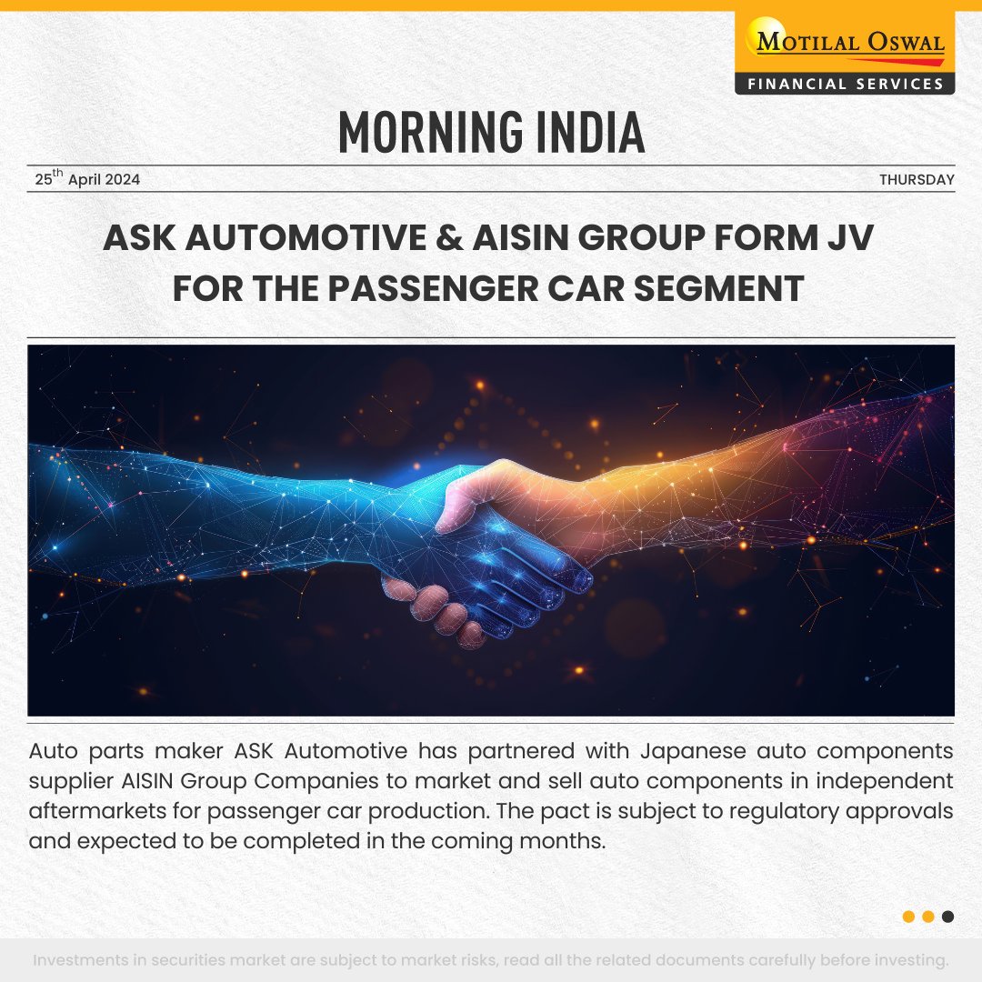 #MorningIndia | Your daily News tracker! ☕ ✅ Tesla may build electric car factories in India and Mexico by 2025 ✅RBI data shows credit card spending rose 27% to ₹18.26 tn in FY24 ✅ ASK Automotive & AISIN Group form JV for the passenger car segment #Tesla #StockMarketIndia