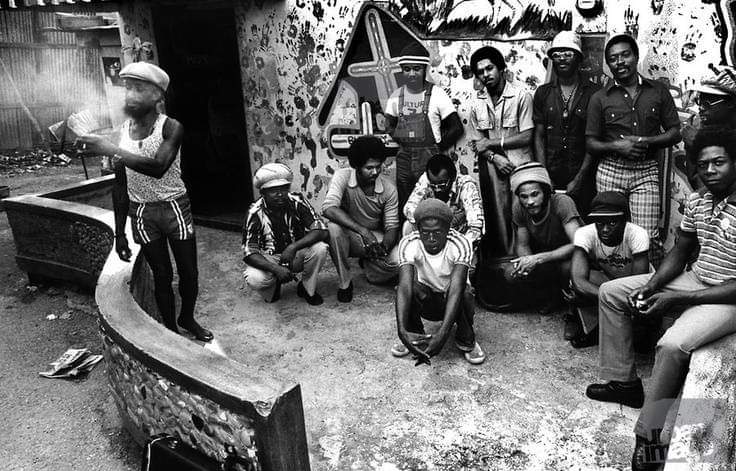 LEE PERRY in '76 with Junior Murvin, The Congos and the Upsetters in the backyard of the Black Ark.