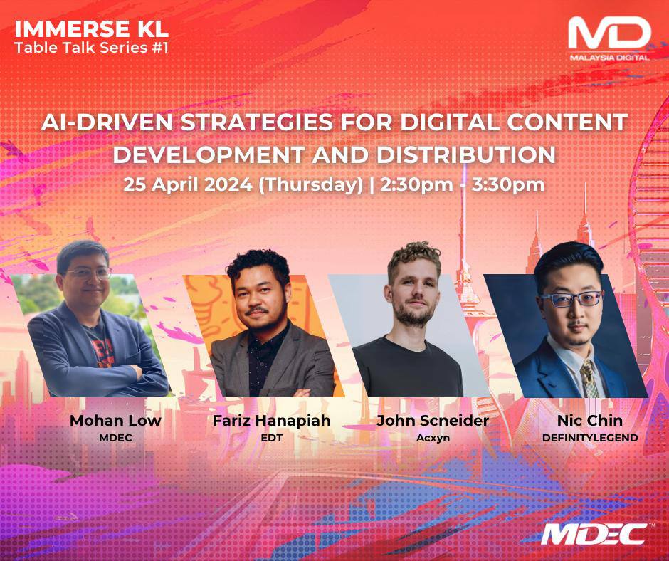 Acxynteam's tweet photo. 🚀 Join us for IMMERSEKL Table Talk Series #1! 🚀

Dive into AI with top speakers from Acxyn, DefinityLegend, EDT, and MDEC discussing AI-Driven Strategies for Digital Content. https://t.co/4JZkyfaNRW