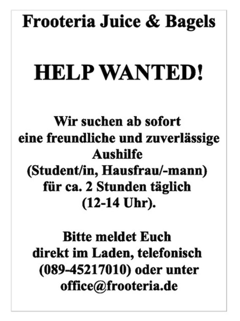 frooteria's tweet photo. Wir suchen ab sofort  eine freundliche und zuverlässige Aushilfe  (Student/in, Hausfrau/-mann)  für ca. 2 Stunden täglich  (12-14 Uhr).

Bitte teilen!

#jobs #joboffer #münchen #studentenjobs #studentenjob #aushilfegesucht #aushilfe https://t.co/uarC4FIFBG