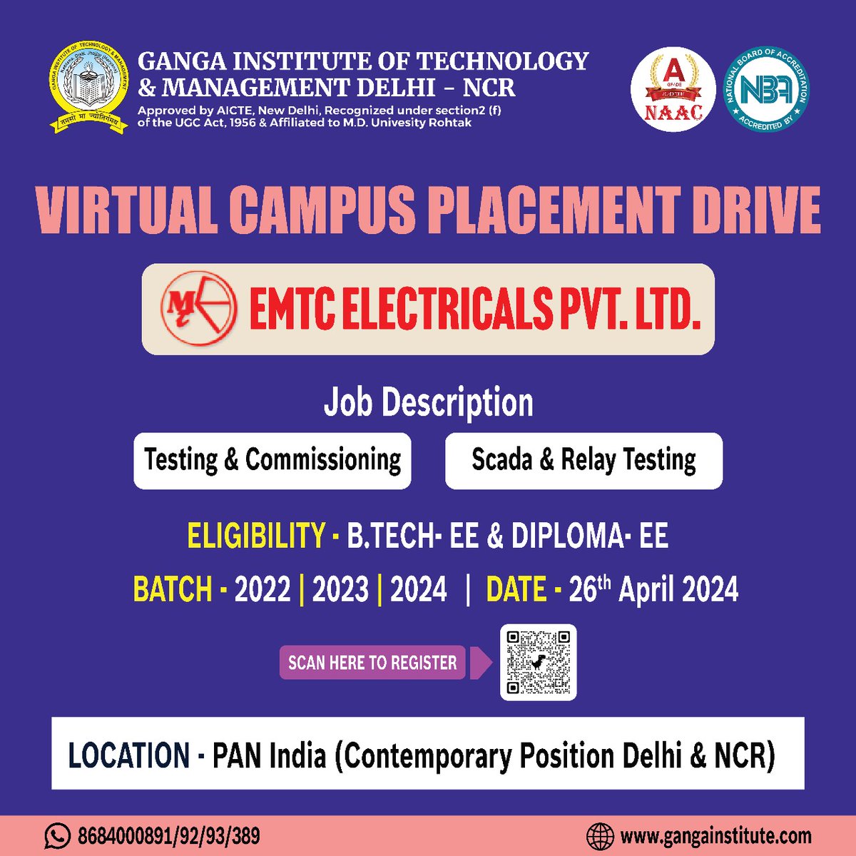 Exciting news! Virtual Campus Placement Drive with EMTC Electricals Pvt Ltd! Calling B.Tech & Diploma EE students from batches 2022-24. 

Kickstart your career in Testing & Commissioning and Scade & Relay Testing.