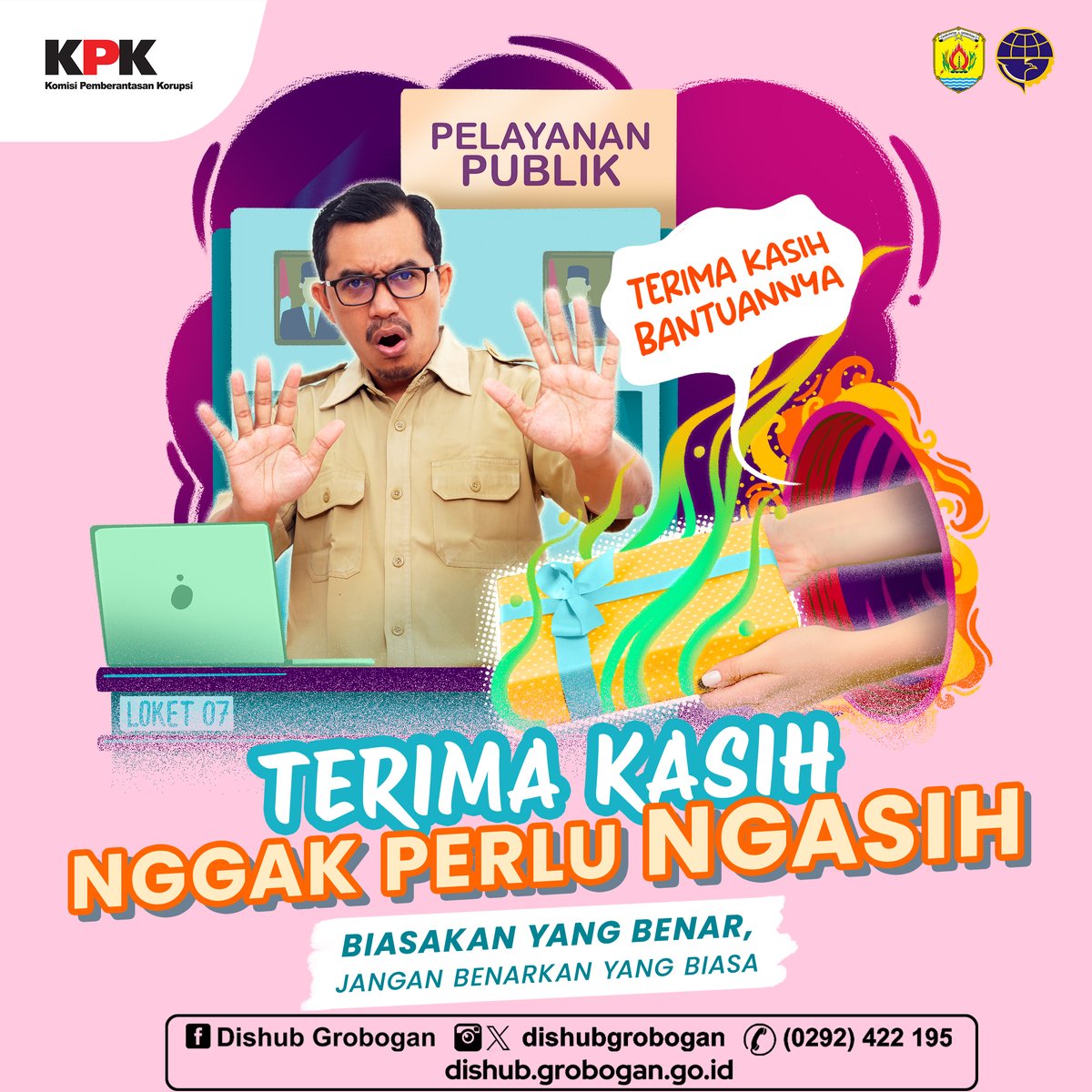 dishubgrobogan's tweet photo. Kepada seluruh masyarakat yang menggunakan layanan di Dinas Perhubungan, mari kita bersama-sama berkomitmen untuk menolak gratifikasi. 
Dengan bersama-sama menolak gratifikasi, kita akan memastikan pelayanan yang adil, transparan, dan berintegritas. https://t.co/btb9PT1qa7