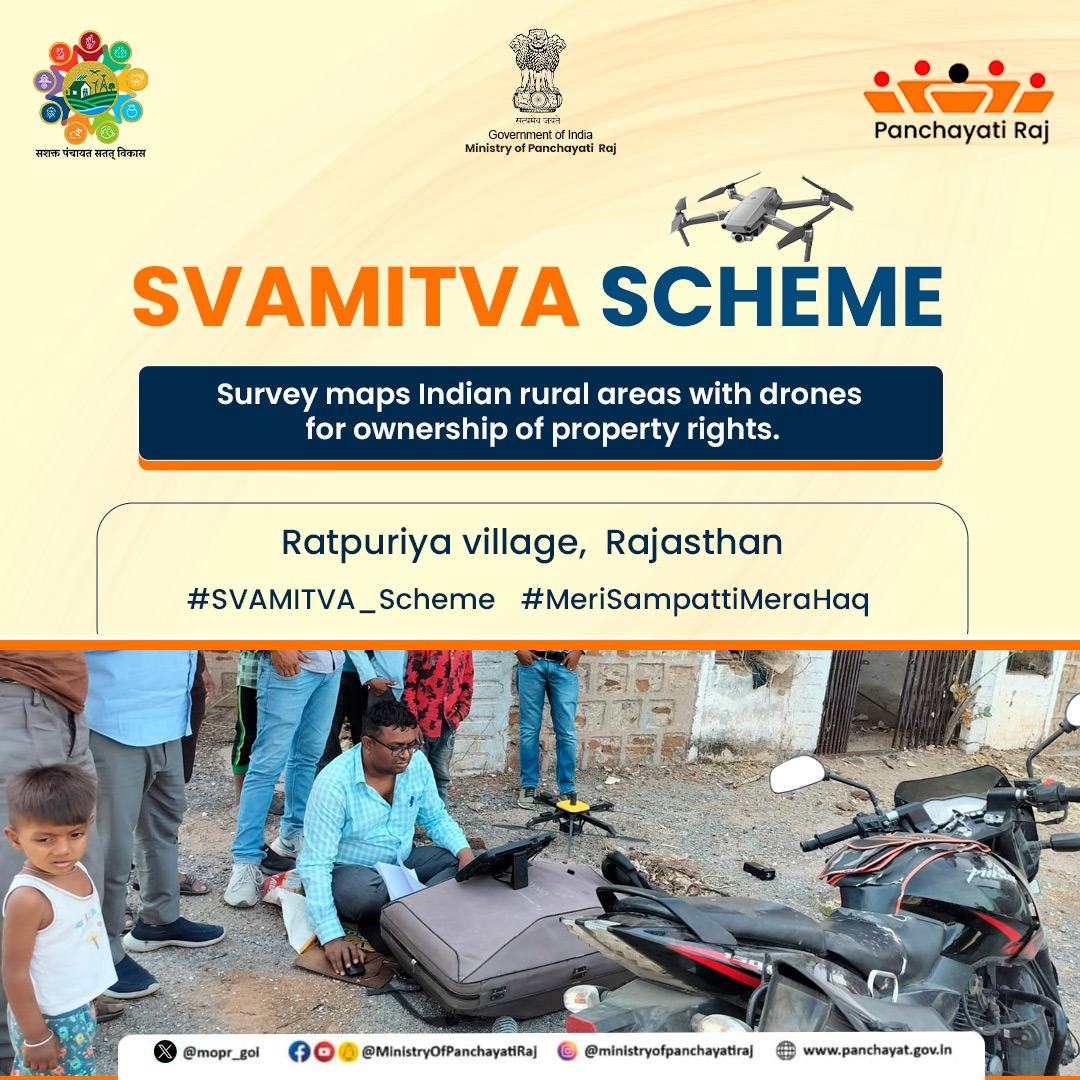 #SVAMITVA_Scheme's #DroneFlying initiative has taken off in Ratpuriya village of Udaipur district, Rajasthan. This endeavor facilitates the resolution of property disputes among residents of rural areas.@mygovindia @airnewsalerts @PIB_India @PIB_MoRD @DDNewslive @MyGovHindi #MoPR