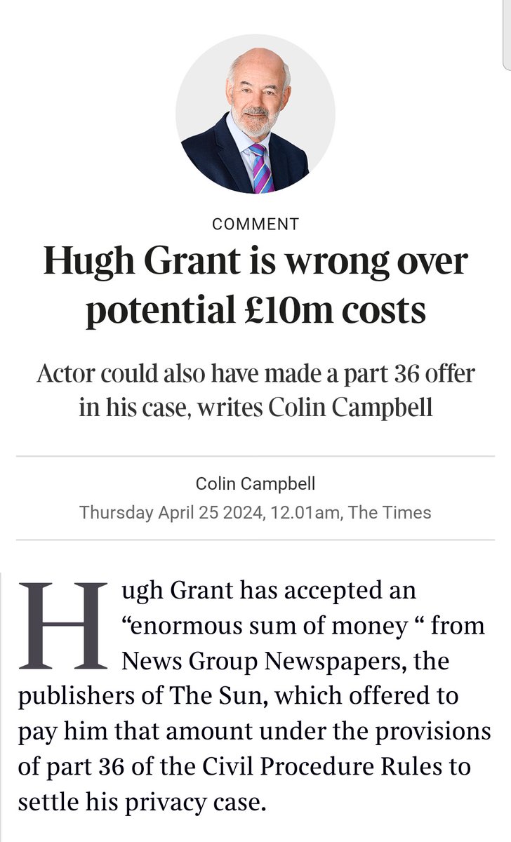 The Times has run a highly misleading piece about Hugh Grant's case against its sister paper. Grant's point was that he could not get a judge to rule on The Sun's abysmal conduct without risking £10m. *Nothing* in this piece contradicts that point.