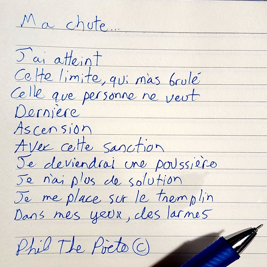 Je partage avec vous mon futur poème 
en version manuscrit en exclusivité...
 
Titre : Ma chute...

Phil The Poète ©

 #philthepoete 

#poemedujour

#ecriture  #poeme #poesie   #poesiefrancais #poésie  #Ecriturenumérique #webpoesie