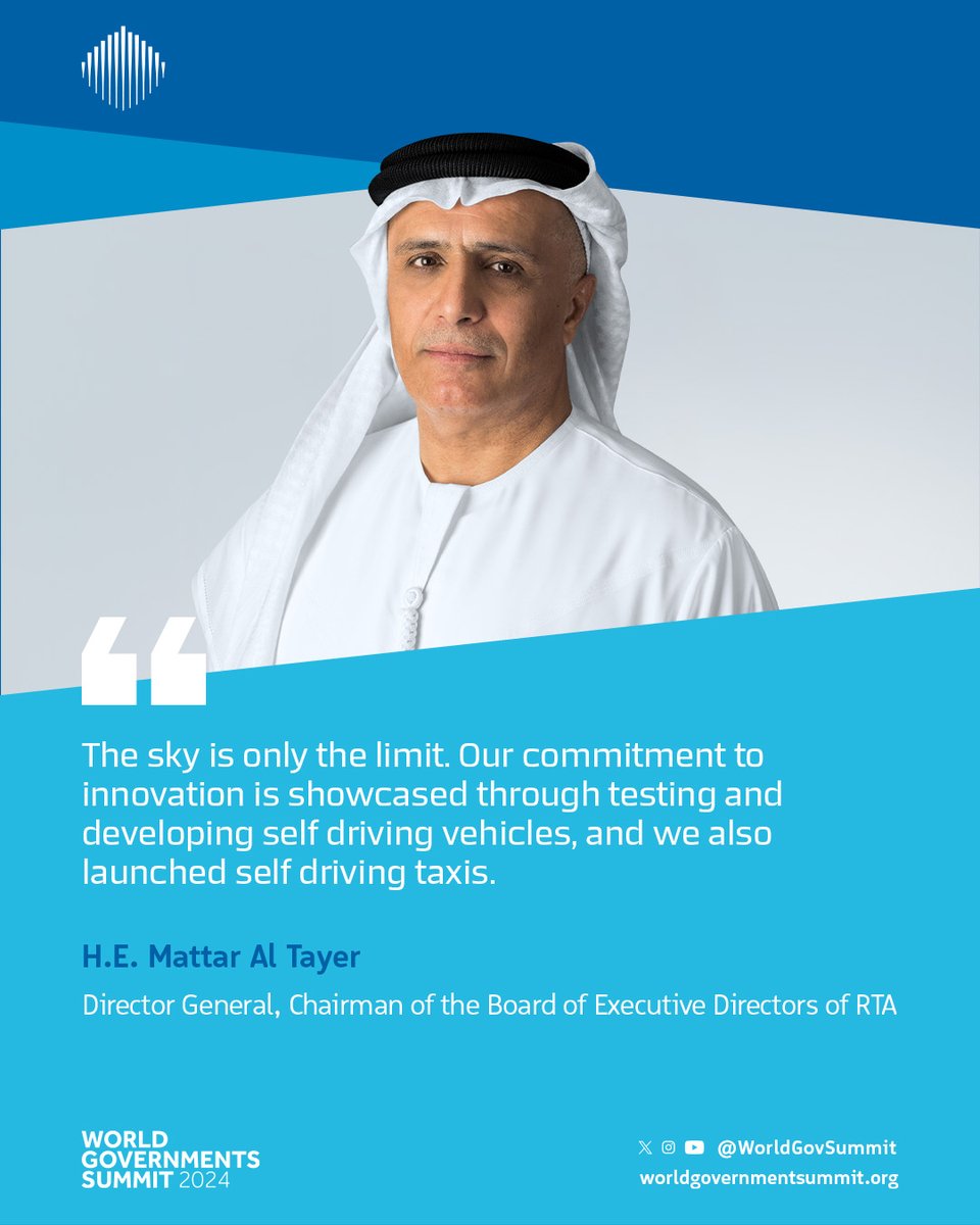 RTA's collaboration with the World Governments Summit is setting the stage for cutting-edge developments in urban planning and air taxi solutions, because in the UAE, 'The sky is only the limit'.

#WorldGovSummit
#wgs24