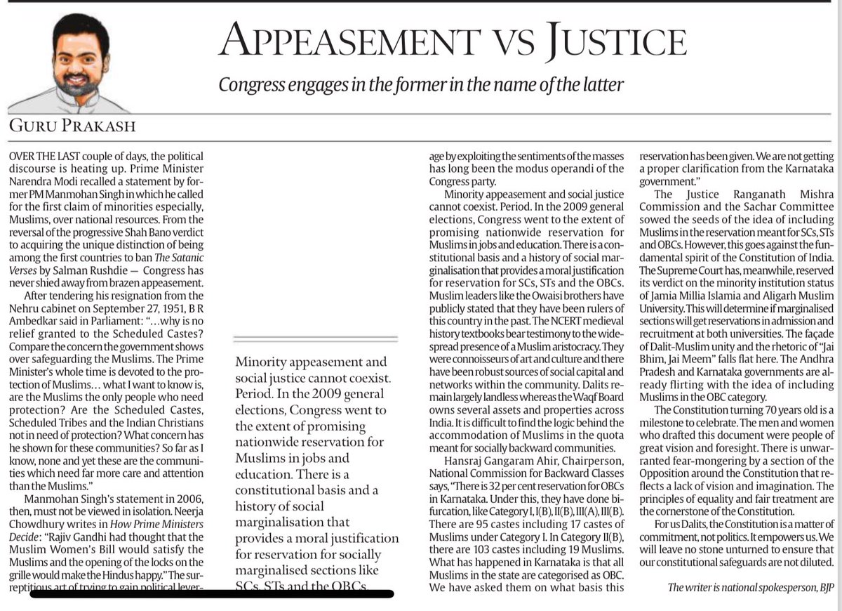 Minority appeasement and Social Justice cannot coexist. Congress engages in former in the name of latter. 

My thoughts for today’s Indian Express. 

#AppeasementHorror #Justice #PoliticsOfPerformance #BJP 

indianexpress.com/article/opinio…