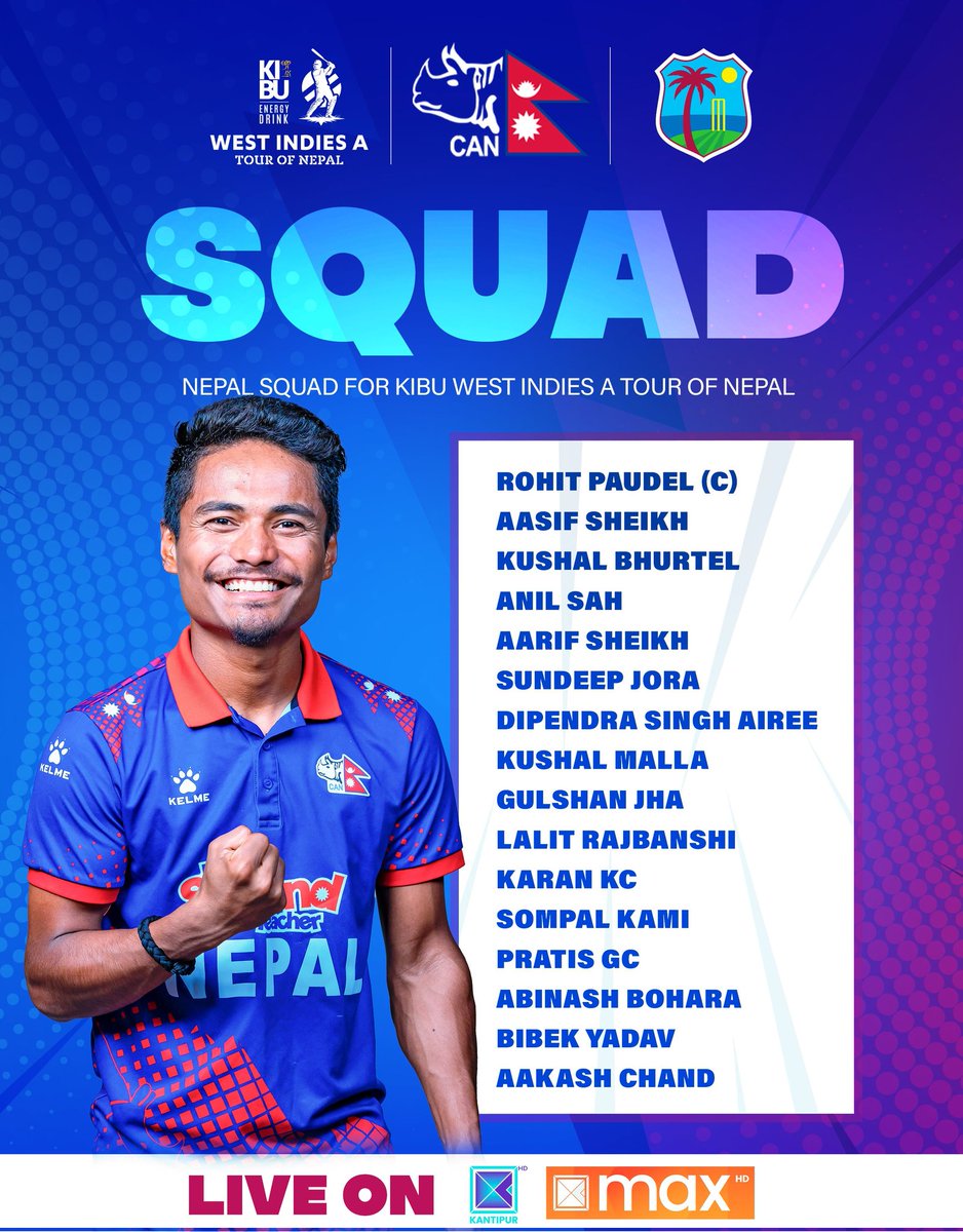 🚨 𝗘𝗫𝗖𝗜𝗧𝗜𝗡𝗚 𝗡𝗘𝗪𝗦! 🚨
~ CAN reveals the 16-man squad for the West Indies A tour of Nepal for the 5-match T20 Series!
~ Action begins on April 27th in Kirtripur, Nepal...!!!
🇳🇵🆚🌴
#NepalCricket #WestIndiesCricket #NEPvWI