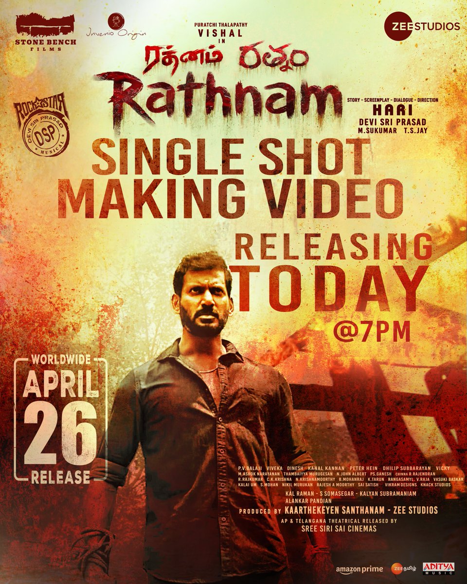 #Rathnam - Single shot action making video releasing today at 7PM 🔥 get ready to know the process behind the much awaited sequence! Starring Puratchi Thalapathy @VishalKOfficial. A @ThisisDSP musical. A film by #Hari, in theatres from tomorrow. @stonebenchers…