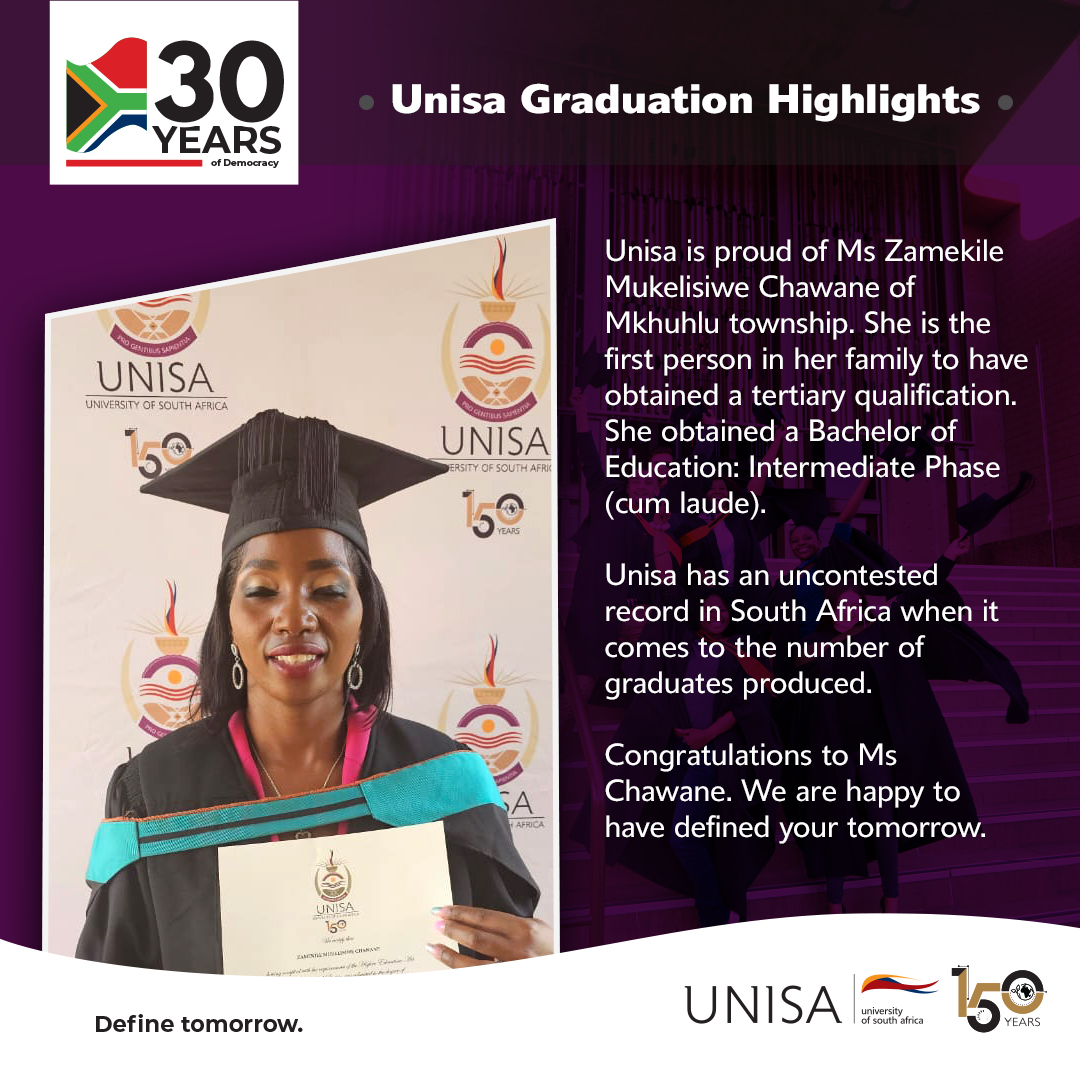 Unisa is proud of Ms Zamekile Mukelisiwe Chawane of Mkhuhlu township. She is the first person in her family to have obtained a tertiary qualification. She obtained a Bachelor of Education: Intermediate Phase  (cum laude).

#Unisa150 #CircleofExcellence #2024UnisaAutumnGraduations