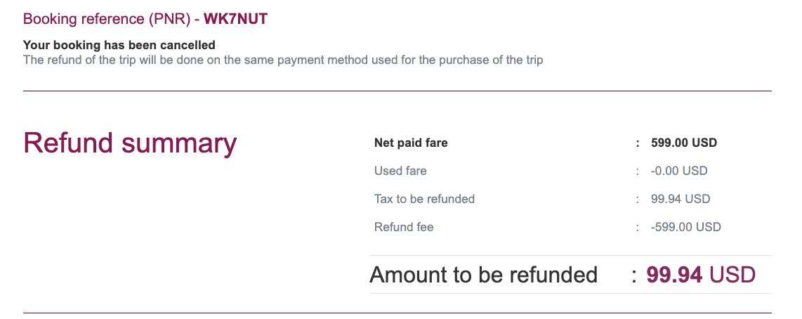 SuHail_Asg's tweet photo. I booked a round trip ticket through @qatarairways from JFK to Delhi for a month of August, but had to cancel it. Amount I paid was around $1207 and the refund I am getting is only $99. Even if the base fare was $599, why am I not getting the taxes back? https://t.co/oTg83lXheG