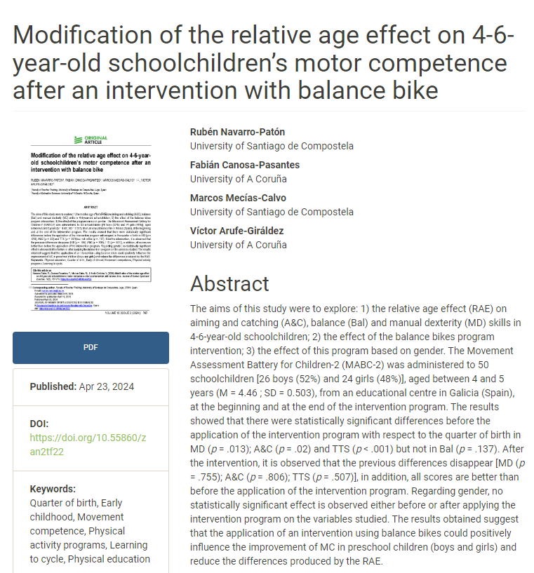 🔥Nuevo artículo científico publicado🔥
Se aplicó un programa de bicicletas sin pedales en niños de 4-6 años para conocer los efectos de la edad relativa (diferencias en el mes de nacimiento). Los resultados mostraron que hubo diferencias estadísticamente significativas antes