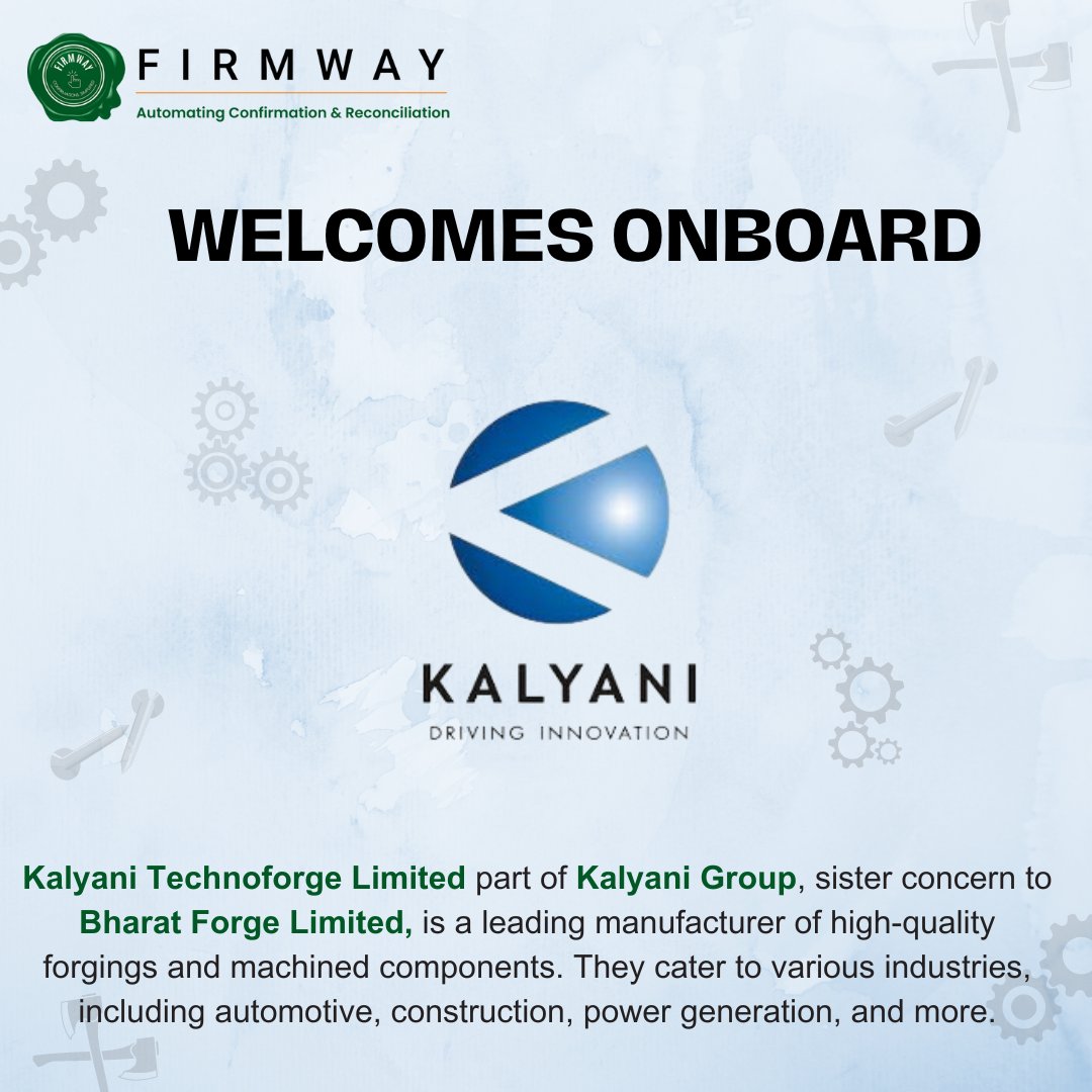 We're thrilled to announce our newest client, Kalyani Technoforge Limited 

Now joining us on our journey. Welcome aboard, Kalyani Technoforge Limited!

#FirmwayServices #KalyaniTechnoforge #VendorReconciliation #newclient #finance #touchless #automation