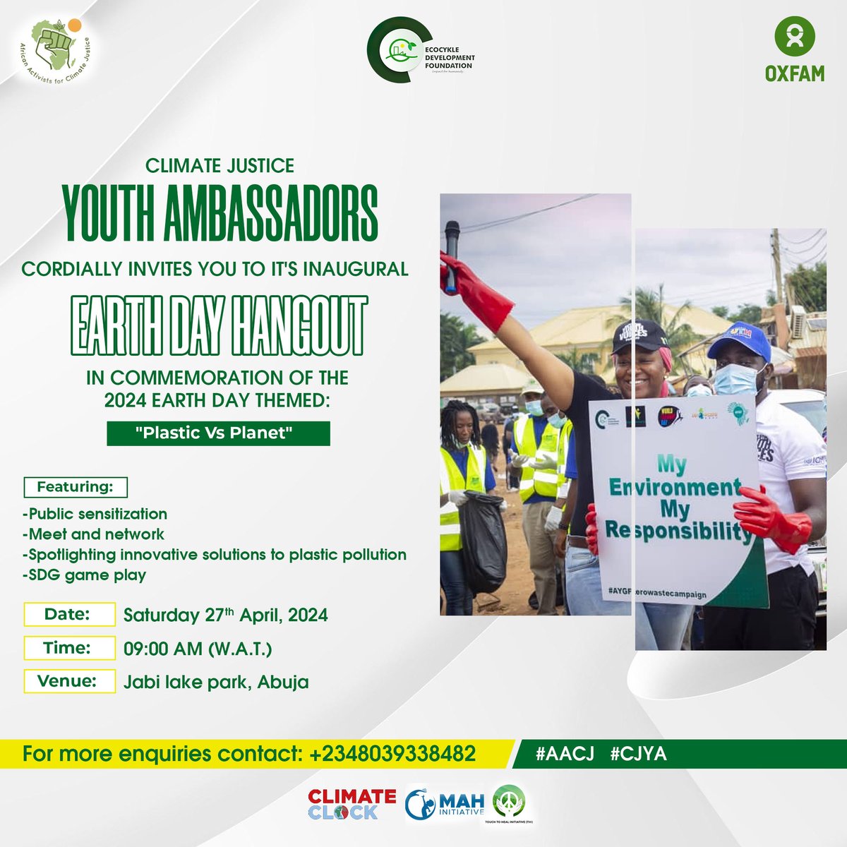 Climate Justice Youth Ambassadors (CJYA)in collaboration with @oxfaminnigeria @aacjinaction @theclimateclock invites you to its inaugural #EarthDay2024 hangout themed #PlanetVsPlastics Kindly register for the event below forms.gle/H4tk1K9WDUTLRm… #EarthdayEveryday #CJYA #AACJ