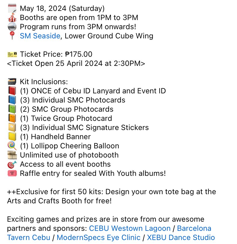 📣 Attention: Tdoong High students! 

YOUR SCHOOL ENROLLMENT KIT IS HERE ✨

🗓️ May 18, 2024 (Saturday)
📍 SM Seaside, Lower Ground Cube Wing

Ticket Price: ₱175.00
Opens 25 April 2024 at 2:30pm

#CHAEYOUNG #DAHYUN #TZUYU
#ONCEofCebuEvents #TWICE
#SchoolMealClub #GlobeKmmunityPH