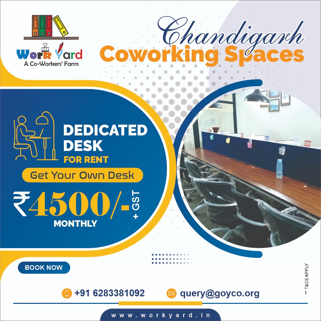 Chandigarh Coworking Dedicated desk !!  #Virtualoffice #workyard #ACoworkersFarm #coworkingspace #Chandigarh #coworkingoffice #Dedicateddesk #Zirakpur