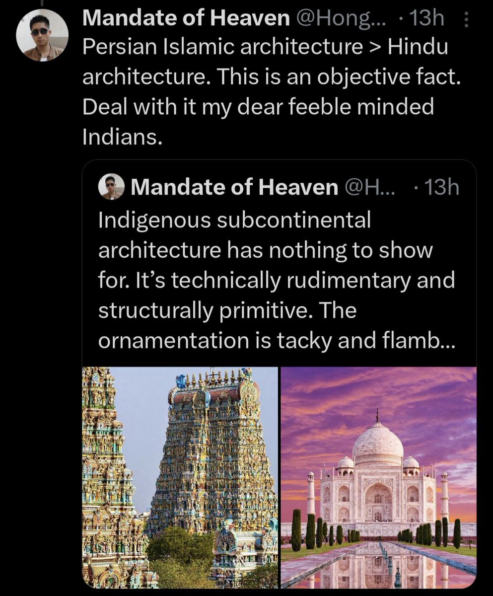 Lol, woh sab toh theek hai but yeh Persian architecture kya hai? Thats a Timurid wonder right there, fused with Indic finesses and some gorgeous francisi parchinkari (pietra dura). Taj is one of the finer examples of Indian architecture #NeverForget