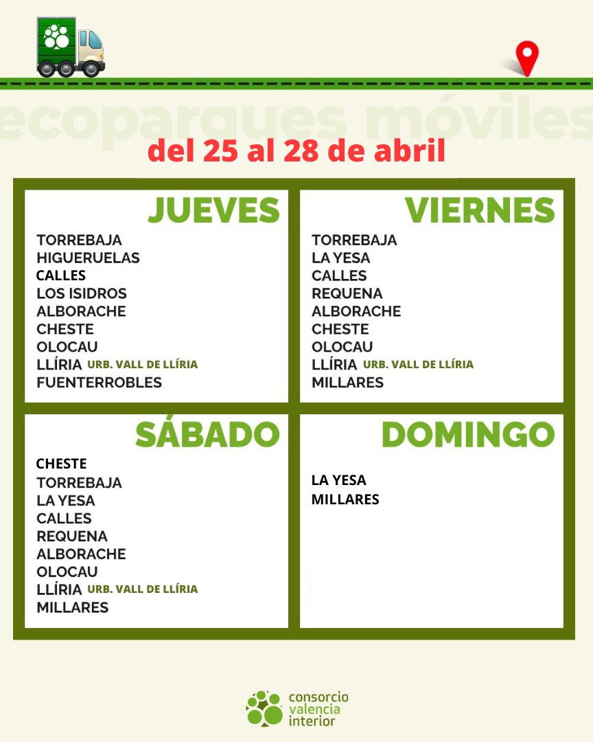 🚛 De jueves a domingo, #ecoparques móviles en • J-V-S→ #Torrebaja, #Alborache, #Cheste, #Olocau, #Llíria (Urb. vall de Llíria), #Calles • J→ #LosIsidros • V-S→ #Requena • V-S-D→ #LaYesa, #Millares 💚 ¿Reciclas? 😃 ℹ️ consorciovalenciainterior.com/servicios/