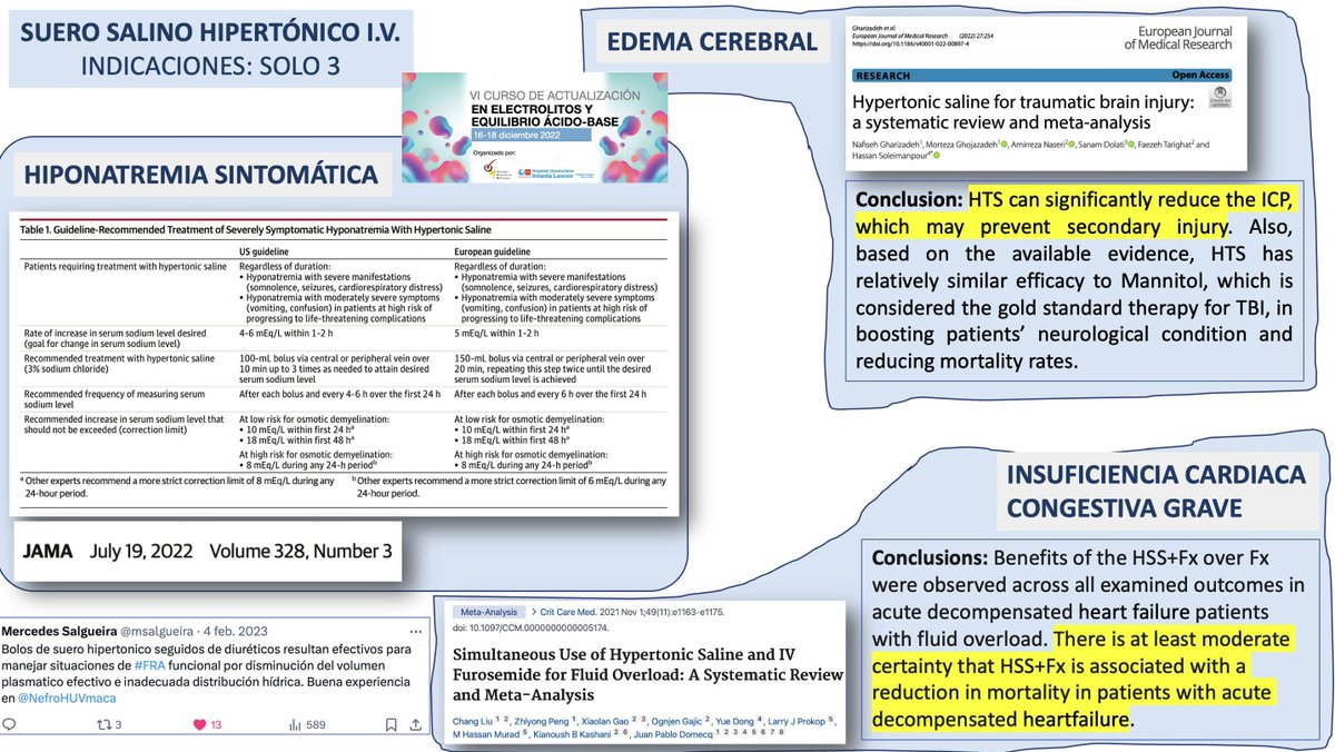 Recordando Cursos de Electrolitos: ¿Para que sirve el suero salino hipertónico? No busques demasiado. Sólo para tres cosas: Hiponatremia sintomática, insuficiencia cardiaca grave y edema cerebral. ¿Para algo más? 🤔 @SENefrologia @SOMANEorg #Nefro_8_01