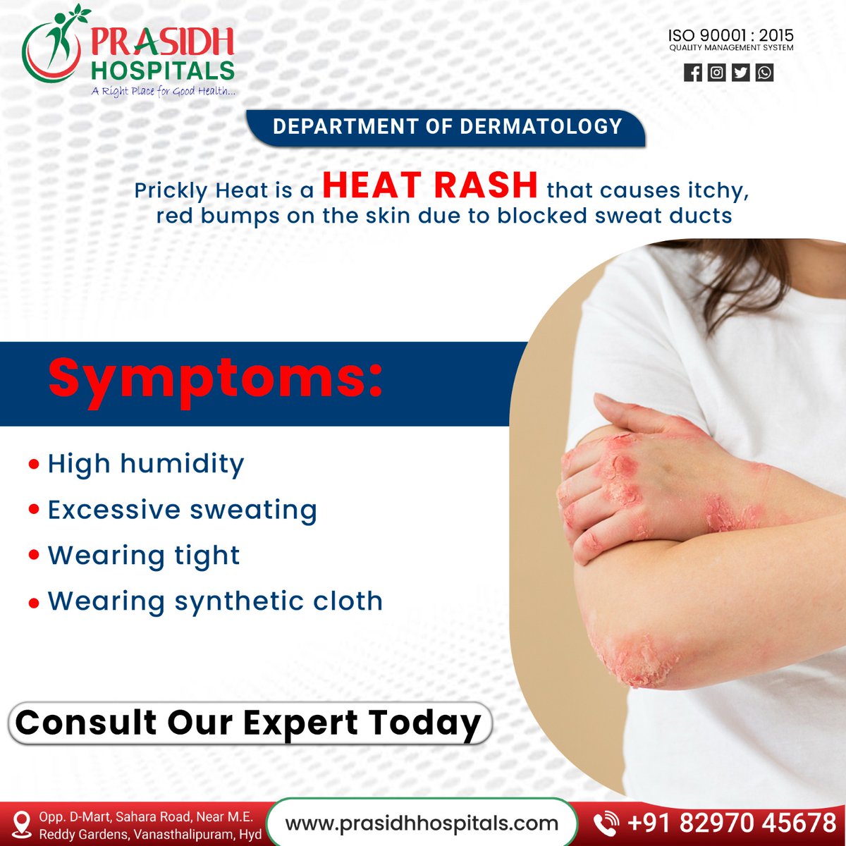 Experience relief from Prickly Heat at Prasidh Hospitals. Prickly Heat, those irritating red bumps caused by heat and sweat, affects countless individuals worldwide. With a focus on patient care and advanced dermatological solutions, 

#dermatology #heatrash #redbumps