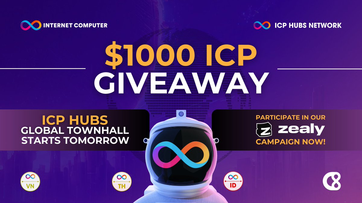 $1000 ICP TOKEN #AIRDROP🚀 We are celebrating @ICPHUBS Global Townhall with a massive #Giveaway🧡 Here's how you can join👇 1⃣ Follow @icphub_ID, @icphub_TH, @icphub_VN 2⃣ Tag 3 #ICP enthusiasts in the comments 3⃣ RT and Like the post 4⃣ Complete our Zealy tasks…