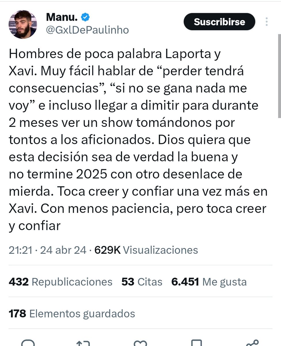 Ivan_Martinn_'s tweet photo. Único argumento para que Xavi deba irse "es que Laporta dijo que perder tendría consecuencias"

Para esta gente la consecuencia debería ser echar un entrenador que cogió un equipo en ruina económica y deportiva y lo ha levantado en tiempo récord en época post Messi

Mamen 🖕🏼 https://t.co/sjOplSPRoC