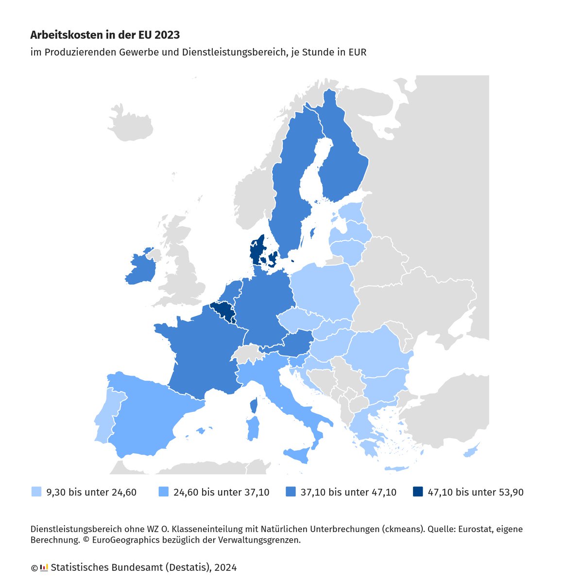 Eine Arbeitsstunde kostete die Unternehmen des Produzierenden Gewerbes und des Dienstleistungsbereichs in Deutschland im Jahr 2023 durchschnittlich 41,30 Euro. Damit waren die #Arbeitskosten in Deutschland rund 30 % höher als im EU-Durchschnitt. Mehr dazu: destatis.de/DE/Presse/Pres…