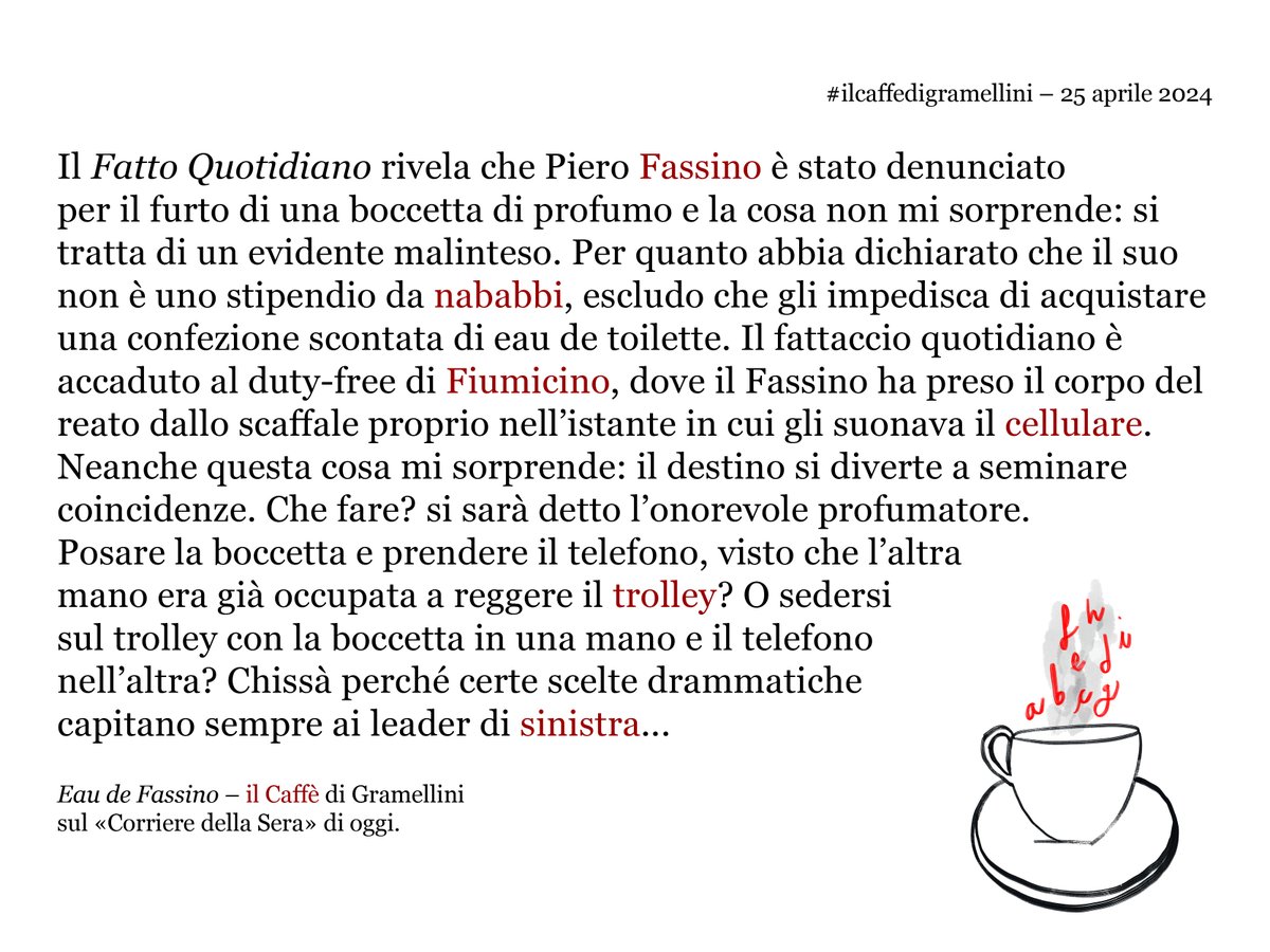 «Eau de Fassino»: #ilcaffedigramellini sul @Corriere di #giovedì #25aprile.
corriere.it/caffe-gramelli…