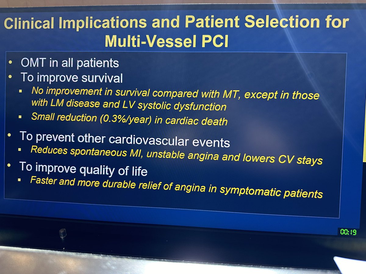@SripalBangalore at TCTAP discussing ischemia trial- no overall mortality benefit associated with pci in Stable CAD (interestingly saw a ⬇️ in cvd death but offset by increase in non-cvd death ?? Mechanism) Clear benefits in QOL @dukwoo_park @djc795 @Hragy @vass_vassiliou