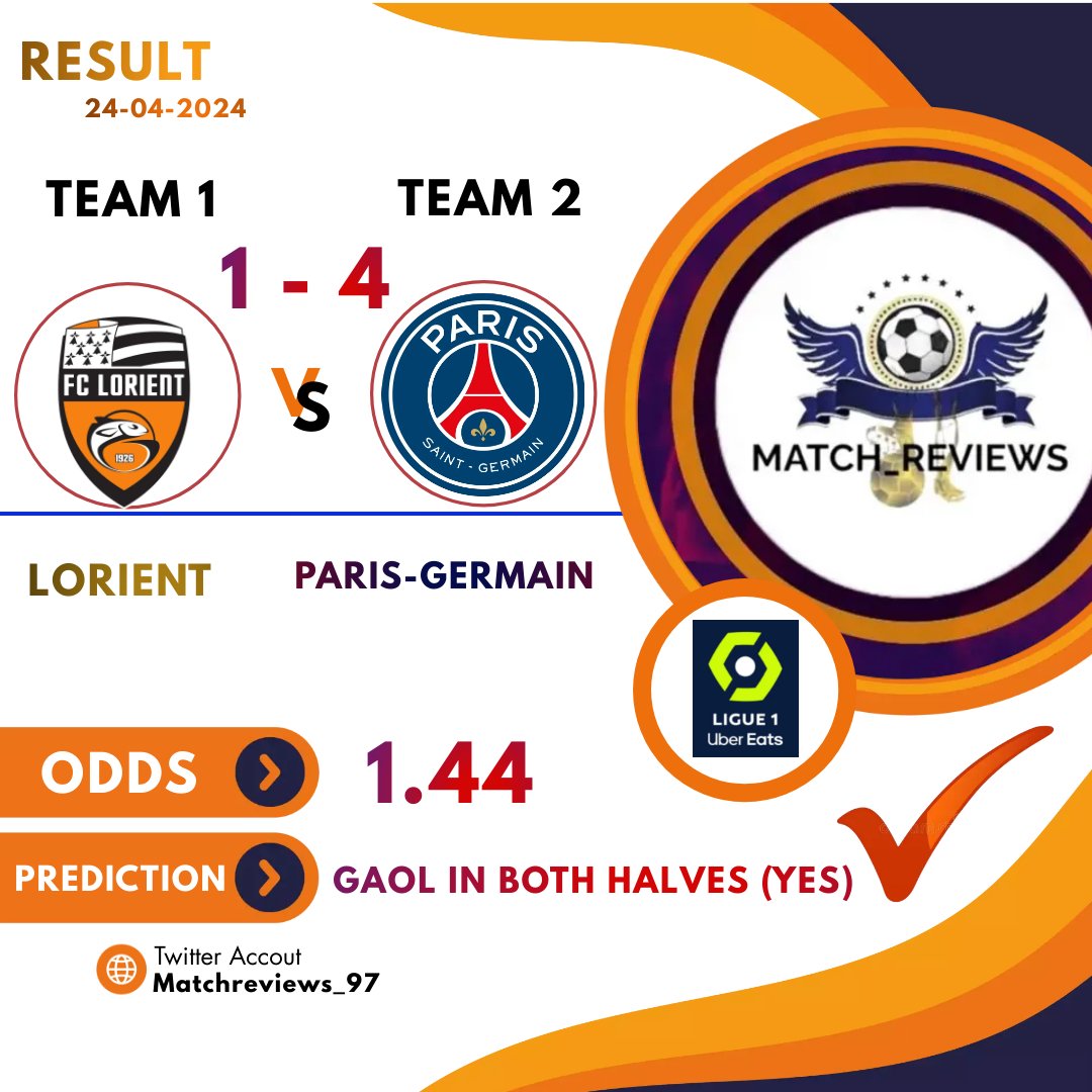 Matchreviews_97's tweet image. Betting Result ///
France League 1 //
Lorient vs Paris-Germain ///
ODDS- 1.44 ///
#FranceLeague 
#LorientFc 
#ParisSaintGermain 
#mbappe 
#Messi𓃵 
#Matchteviews_97
#الديوان_الملكي