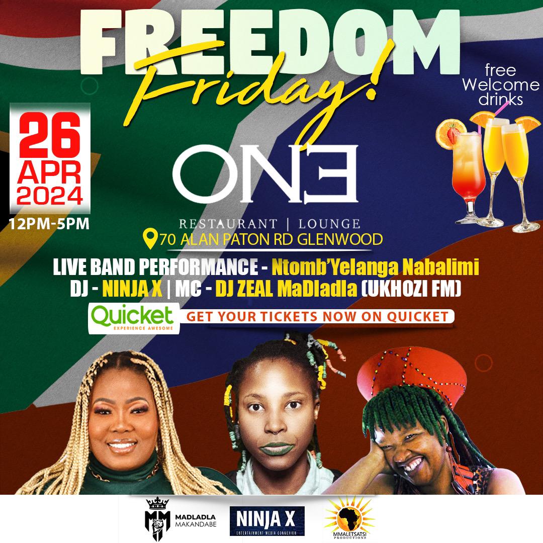 Out at #FreedomFriday tomorrow...tickets available on Quicket. Catch @NtombYelanga Nabalimi LIVE on stage. Hosted by @djzeal4life 🎶🎵🎼🙌🏿🙏🏿💥👑