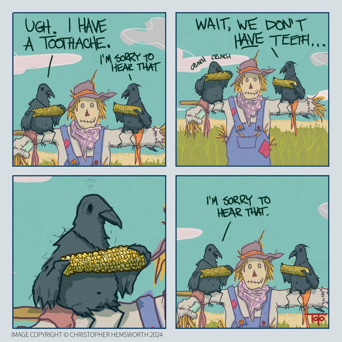 audiovisualboy's tweet photo. Here's a new #burdwurds comic for you! Crows are burds! #corn #crows #scarecrow #toothprobs #crowtalk #webcomic https://t.co/cyassWqwLN