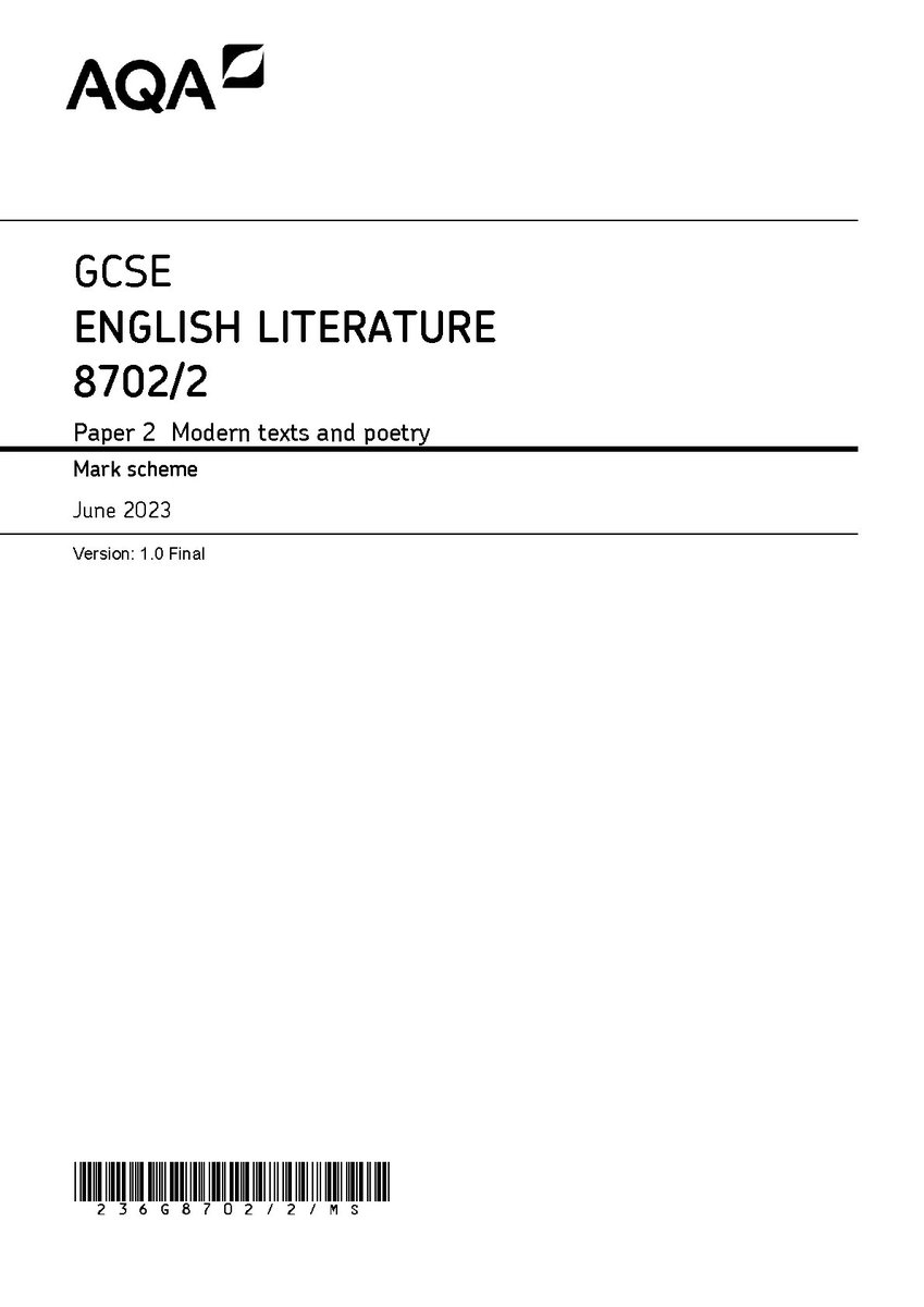 AQA GCSE ENGLISH LITERATURE PAPER 2 JUNE 2023 MARK SCHEME (8702/2: Modern texts and poetry)
hackedexams.com/item/11496/aqa…
#AQA #AQA2023 #AQAGCSE #ENGLISHLITERATURE #ENGLISHLITERATUREPAPER2 #MARKSCHEME #87022 #Moderntexts #poetry #hackedexams