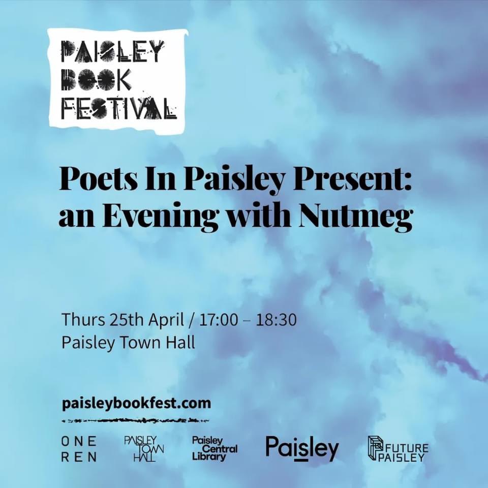 @BookPaisley Day has arrived!!! 

I will be on stage with @CraigRobertson_ , Rose Reilly, @JulieMcNeill1 , and Graham Fulton. Brought to you by @DmatthewDee (Poets in Paisley). @paisleytownhall. 5.00-6.30pm. An Evening With @NutmegMagazine.