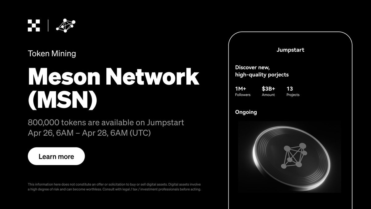 Introducing $MSN @NetworkMeson on #OKX Jumpstart! Add your $ETH or $BTC to the staking pools to mine $MSN. T&Cs apply. 📅 Get involved on Apr 26, 06:00 AM (UTC): bit.ly/44mfmEY