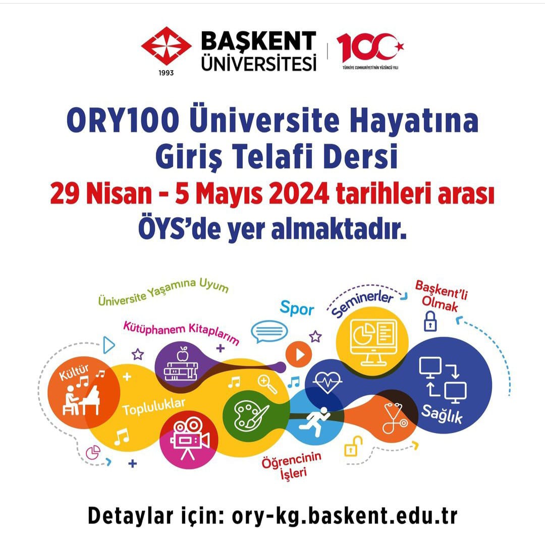 ORY100 Üniversite Hayatına Giriş Telafi Dersi 29 Nisan-5 Mayıs tarihleri arası ÖYS’de yer almaktadır. Detaylı bilgi için: ory-kg.baskent.edu.tr . . . #başkentüniversitesi