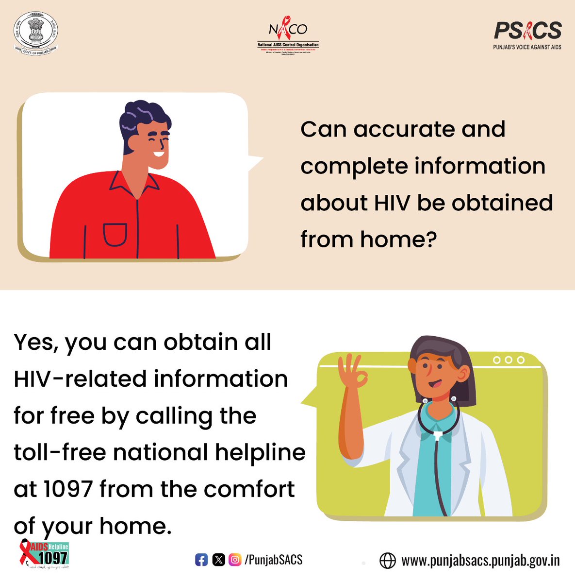 Yes, you can obtain all HIV-related information for free by calling the toll-free national helpline at 1097 from the comfort of your home.

#HIVTesting #GetTested #KnowYourHIVStatus #Dial1097 #KnowAIDS #HIVTestingisImportant #KnowHIV #HIVFreeIndia #CorrectInformation #NACOINDIA