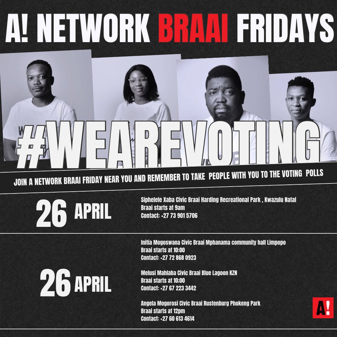 SWIPE and see which of our champion led braai Fridays you can avail yourself for.
We can’t wait to braai with you and engage our communities as we prepare for the polls. 🗳️ 🇿🇦 🥖 🥩 🥗 🍖 
#Each1Take1 #WeAreVoting #SAelections24