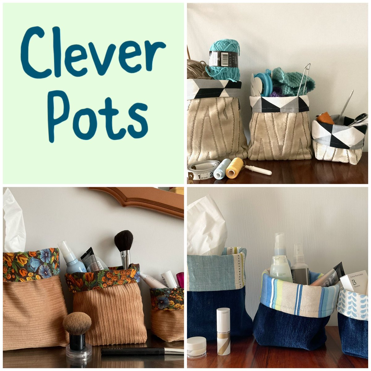 My Clever Pots - the perfect and pretty storage option. Ideal for cosmetics, craft zone, nursery or pet products tidying. Made from recycled upholstery fabric offcuts, so they are eco friendly too #EarlyBiz #shopindie #MHHSBD buff.ly/2F1nKi1