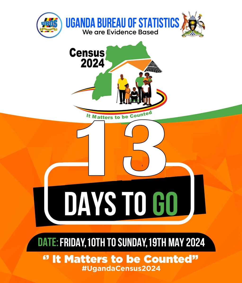 Uganda, we are excited to hear about your expectations for the upcoming #UgandaCensus2024! Let's count down together to the final 1⃣3⃣ days. Share with us your thoughts and hopes for this important activity. #UGCensusCountdown