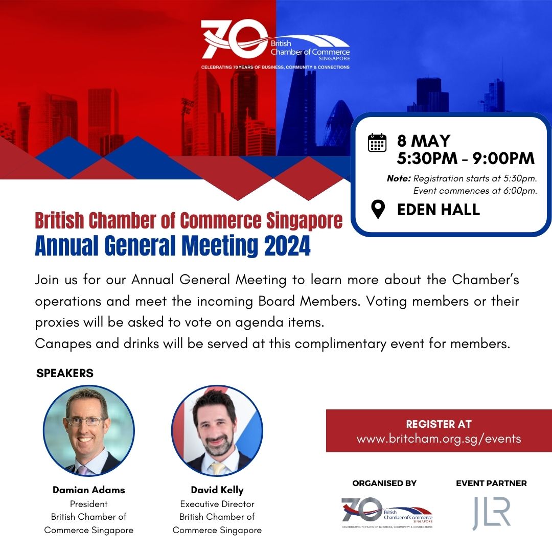 Join us at our #AGM2024 on 8th May at the British High Commissioner's residence Eden Hall! Learn about the Chamber's operations, meet the incoming Board Members for 2024/25, and network with fellow members at this complimentary event. Register here: bit.ly/3WagJo9