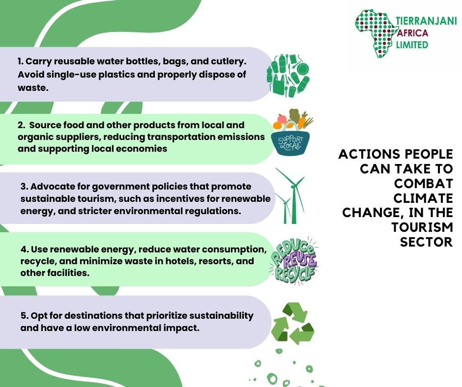 Reducing climate change requires concerted efforts across various sectors. The tourism industry has the potential to drive positive change by adopting sustainable  practices. 

#TravelSustainably #SupportLocal #Africa

Here are some actions one can take to combat climate change👇