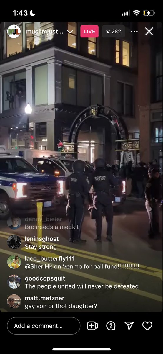 I just watched on Instagram Live hordes of police descend on my alma mater, Emerson College, to arrest students who were peacefully protesting genocide. They pushed students who fell to the ground and threatened legal observers with arrest. This was the City of Boston’s decision