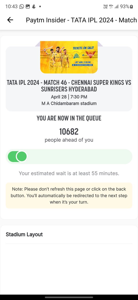 Pakka_Thug's tweet photo. Terrible scam happening in the name of IPL tickets. Trying to book tickets for #CSKvsSRH and even after waiting about an hour in the queue, When you select the seats they become unavailable, same thing has happened 5 times on @paytminsider app. Terrible service. Video attached https://t.co/SlEM9gGqCT