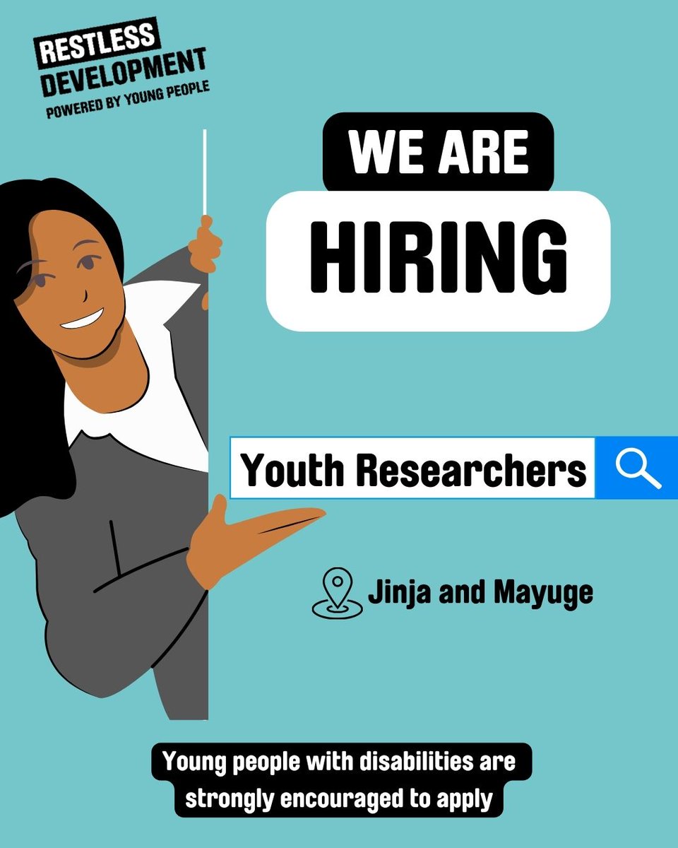 We are on the lookout for passionate and forward thinking young people to take up 20 positions of Youth Researchers in Jinja and Mayuge districts. Young people with disabilities are strongly encouraged to apply! Follow bit.ly/3xLYjQe for more #WeAreRestless #YouthPower