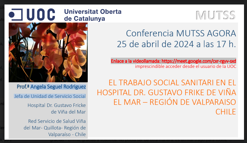 SocialScetss's tweet photo. Hoy en el ESPACIO AGORA - MUTSS - UOC #MUTSS
INVITACIÓN

"El Trabajo Social Sanitario en el HOSPITAL DR. GUSTAVO FRIKE DE VIÑA EL MAR – Región de Valparaíso. Chile. 
A cargo de la Prof.ª Angela Seguel Rodriguez

Enlace a la videollamada 25 ABRIL : https://t.co/u1kCbFOBHg https://t.co/oFX0Gy9Waf