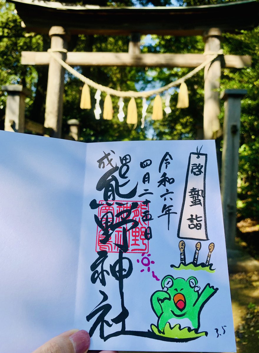 unachan0610's tweet photo. 千葉県　成田豊住熊野神社さん🐣🐸

今回の千葉県巡りの1番の目的です☺️
このひよこの御朱印🐣🧡
今月の御朱印で1番欲しかった、、祈願叶って拝受できました🥹お目目ウルウルで垂れ眉でたらこ唇で飼いたいぐらい🐥
他にも菜の花やカエ��など春らしい御朱印も拝受しました☺️はぁー満足🌿✨ https://t.co/yQAJ5lSfBT